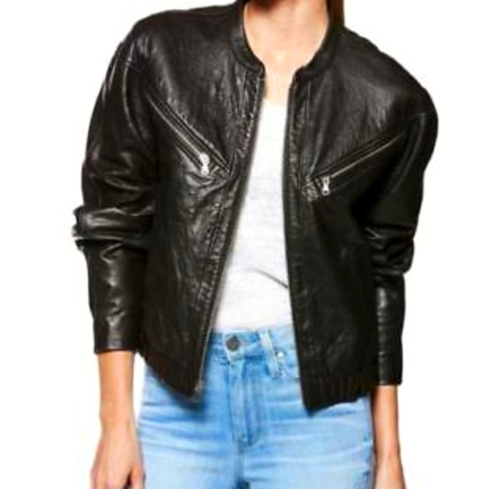 PAIGE Gianna Crinkled Leather Biker Moto Bomber Jacket sz S